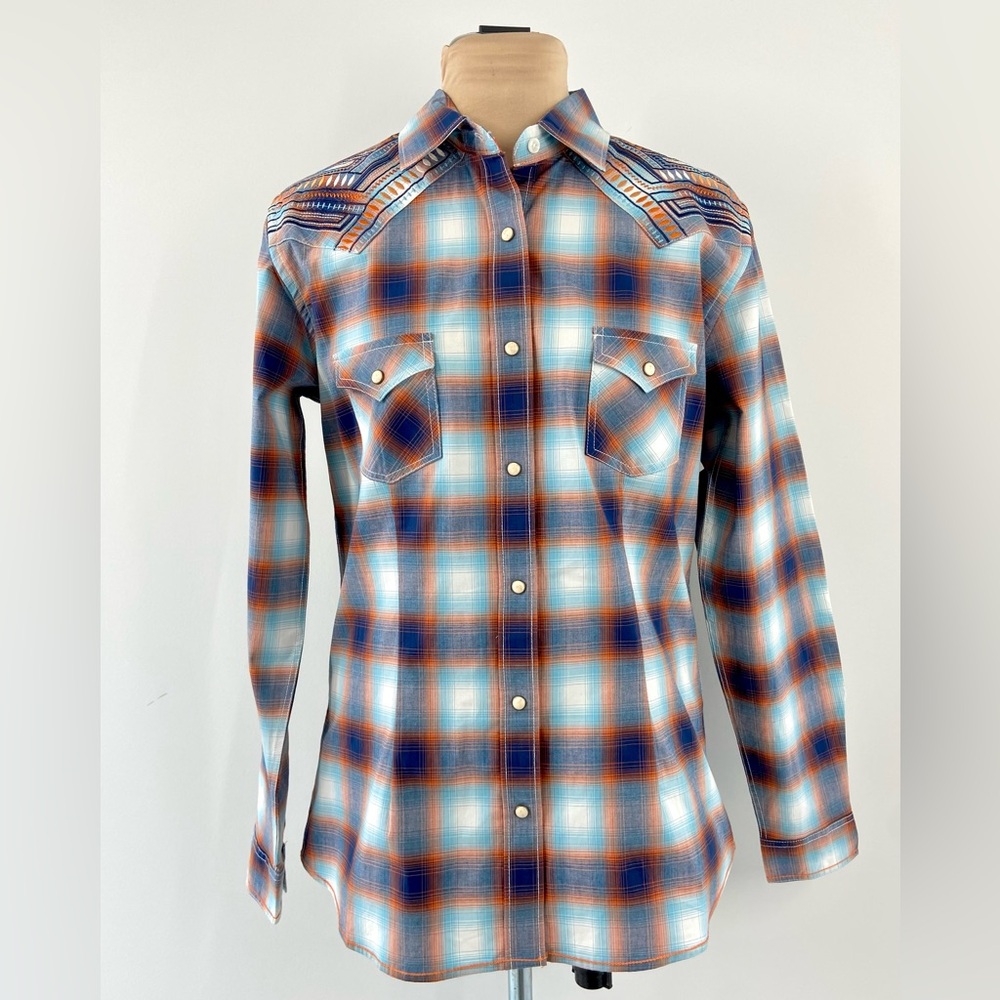 Panhandle Rough Stock Western Plaid Button-Down Shirt Embroidered Shoulders Sz M